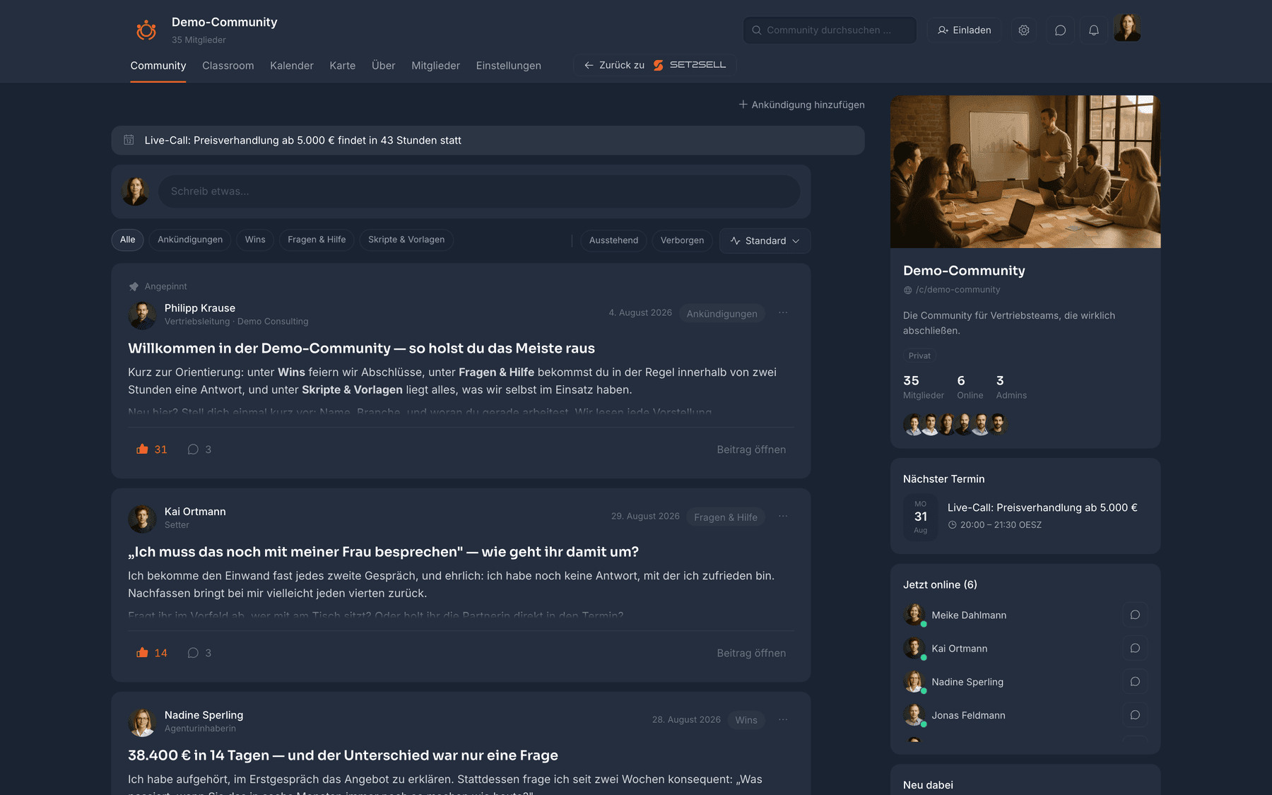 Community in Set2Sell Cockpit with feed, posts and member list