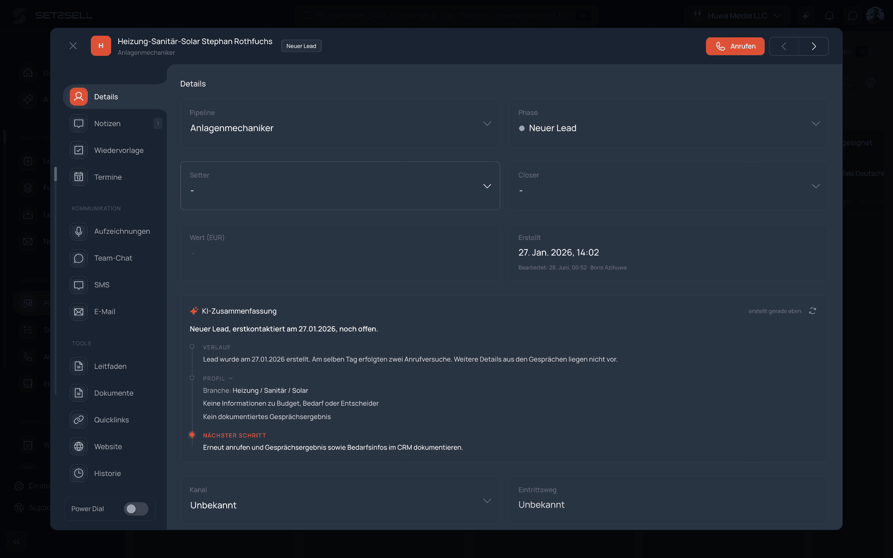 Deal file in Set2Sell Cockpit with AI summary and communication history