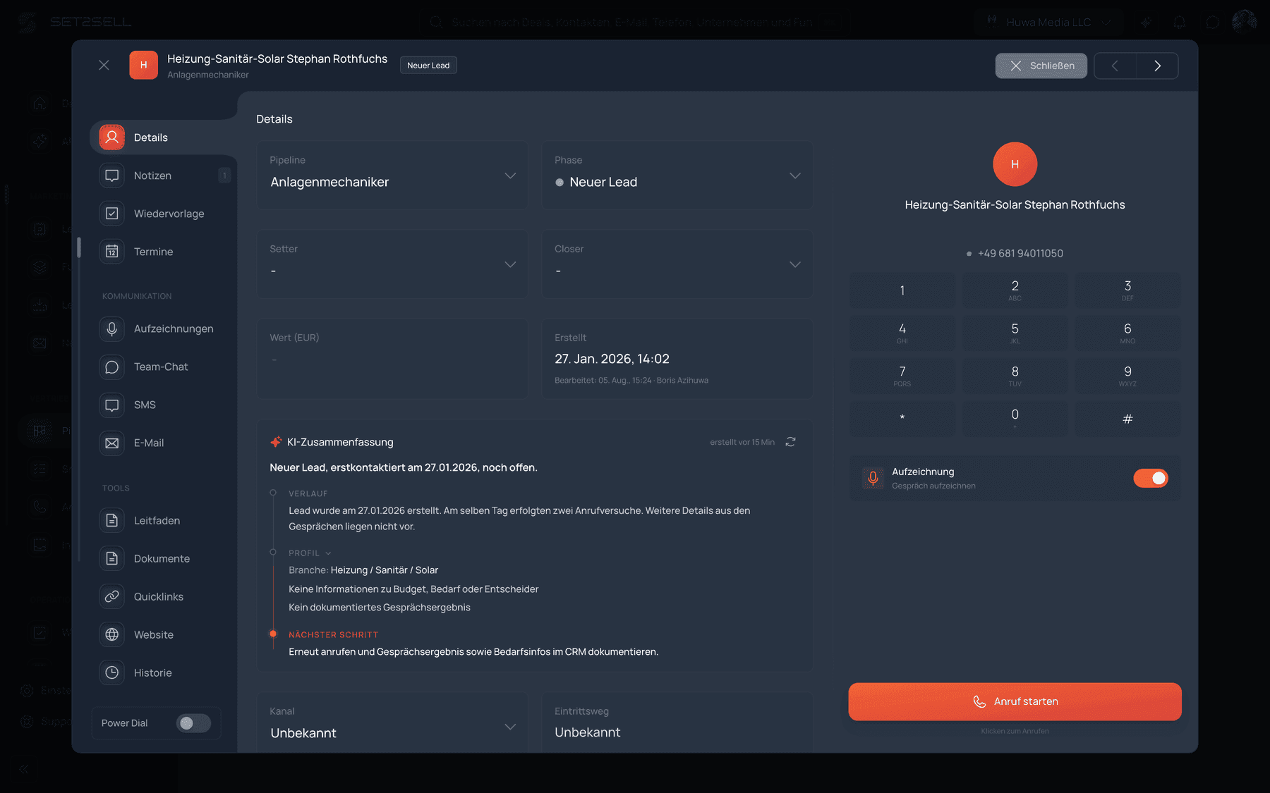 Dialing interface in Set2Sell Cockpit: keypad, recording and start call right on the deal